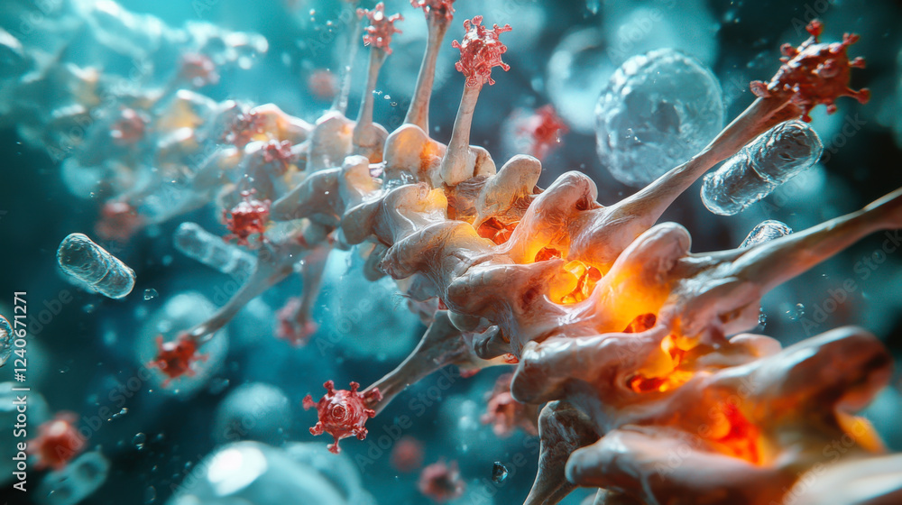Aufkleber detailed view of microorganisms interacting with spinal structures in a vibrant abstract environment