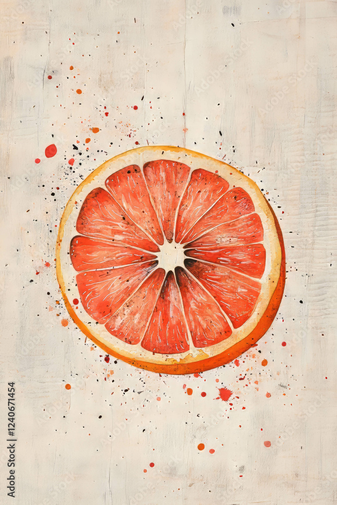 Poster minimalistic grapefruit artwork in mixed media with subtle textures and ink details