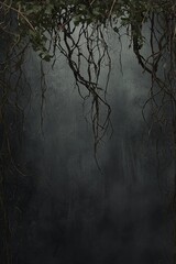 Obraz premium A medieval cinematic dark fantasy scene, featuring a worn black grunge background framed by dry branches, thorns, and ivy.