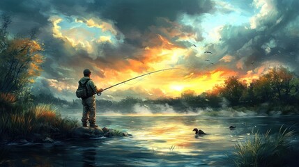 Serene Sunset Fishing Scene with Angler and Ducks in Nature