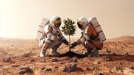 Astronauts Planting a Sapling on Mars