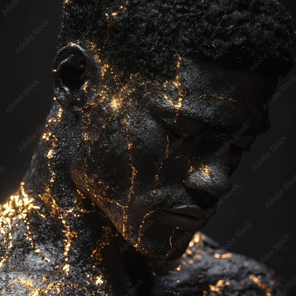 Poster highresolution 3d rendering of a black man body detailed with gold contours and textures prominently