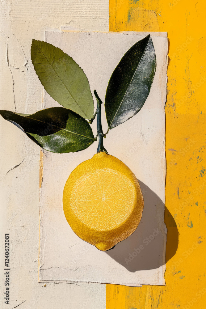Poster crafted lemon on textured background featuring minimalistic scrapbook design elements