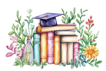 A stack of colorful books adorned with a graduation cap and surrounded by various flowers and greenery.