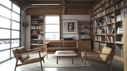 Minimalist, Scandinavian-inspired living room setup in a converted garage.