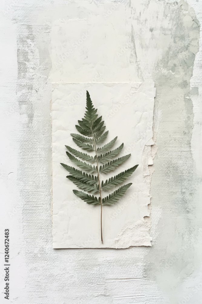 Poster minimalistic composition featuring a pressed fern leaf on textured paper with delicate outlines