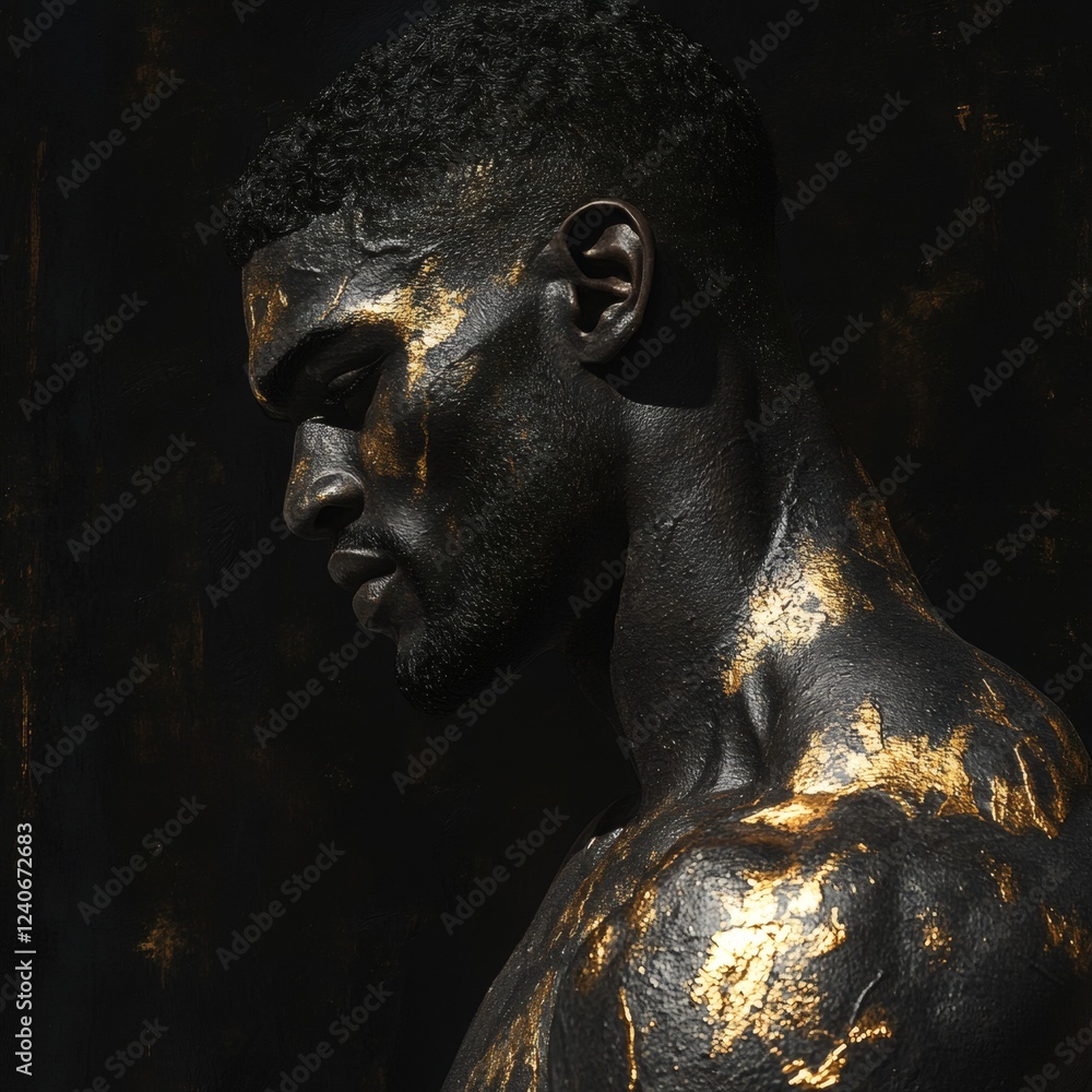 Poster highresolution 3d rendering of a black man body detailed with gold contours and textures prominently