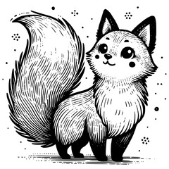 A cute little fox with a big, fluffy tail standing on its hind legs and looking up with a curious expression. black and white with fine details and small dots around it.