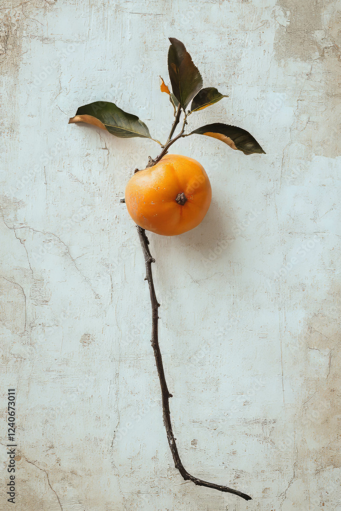 Aufkleber persimmon on branch with paper texture in a minimalistic scrapbook-style composition
