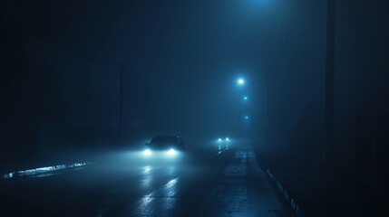 The dark and mysterious atmosphere of this foggy night road creates a sense of intrigue and danger.