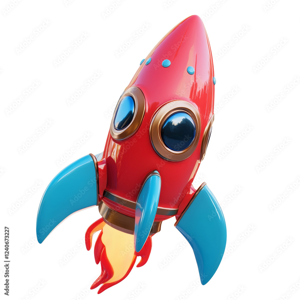 Poster a stylized red and blue retro rocket ship is depicted in a 3d render taking flight with fiery exhaus