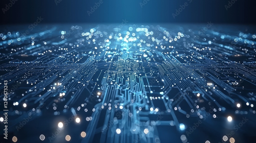 Aufkleber thin blue circuit traces over a dark tech background. abstract digital technology background. concep