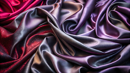 Fototapeta premium Luxurious Satin Fabric in Shades of Black, Red, and Purple with Elegant Folds.
