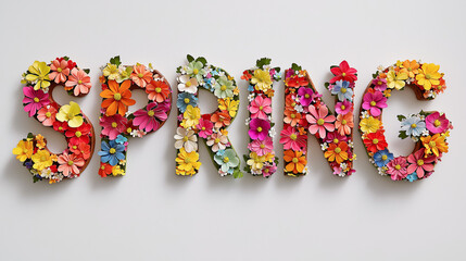 Text "Spring", composition of spring flowers on a light background. Copy space