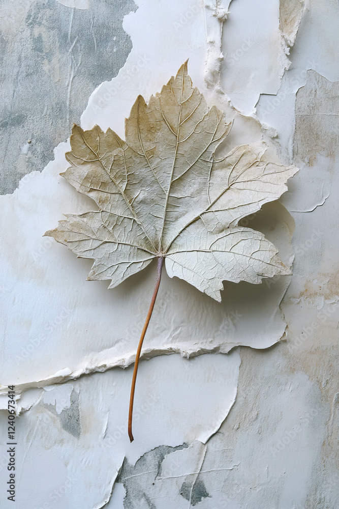 Poster minimalistic scrapbook composition featuring an embossed grape leaf on soft textured background
