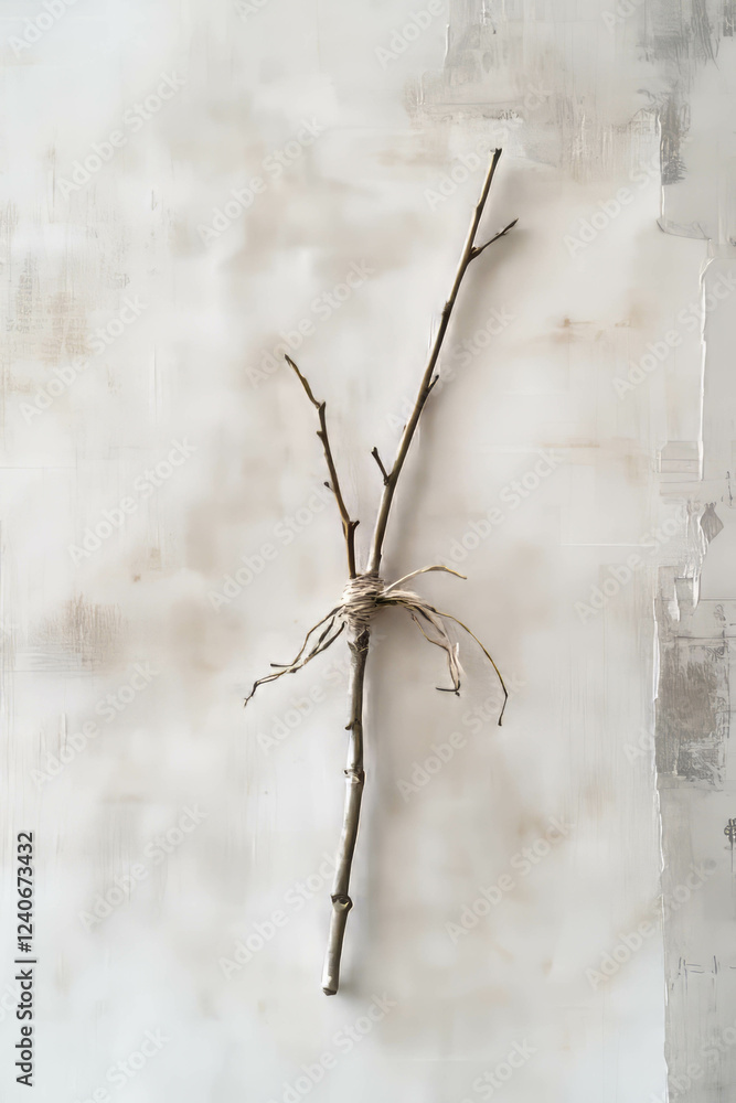 Poster minimalistic scrapbook composition highlighting a dried twig with delicate textures