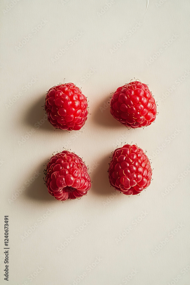 Poster minimalistic composition showcasing raspberries on a neutral background with paper textures