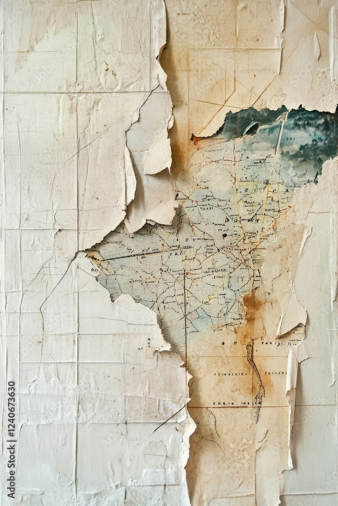 Poster minimalistic scrapbook composition featuring a fragment of an old map with gentle textures