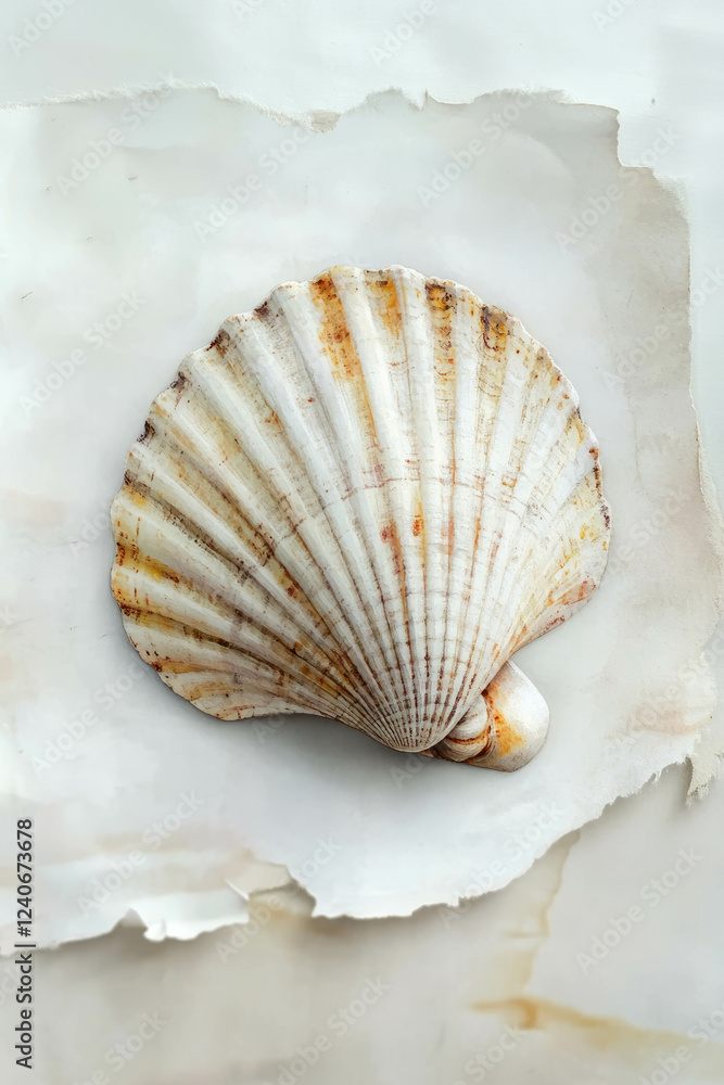 Poster minimalistic scrapbook design featuring a delicate seashell on a textured background