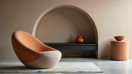 Stylish Minimalist Space Featuring Earthy Tones, Unique Furniture, and Artistic Accents for a Timeless and Inviting Atmosphere