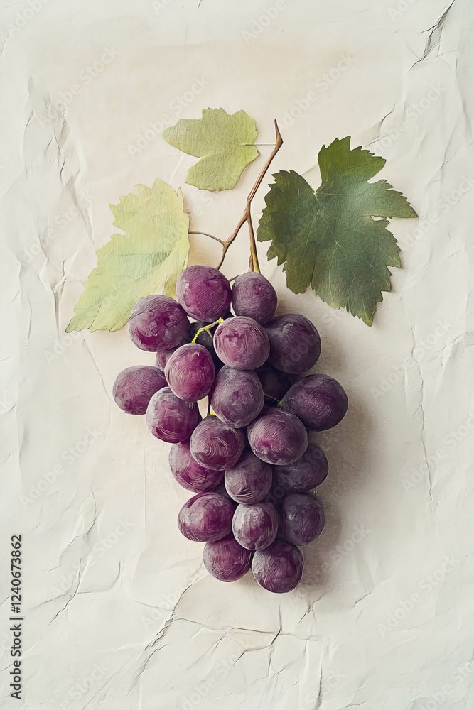 Poster minimalistic scrapbook composition featuring cluster of grapes with delicate background details