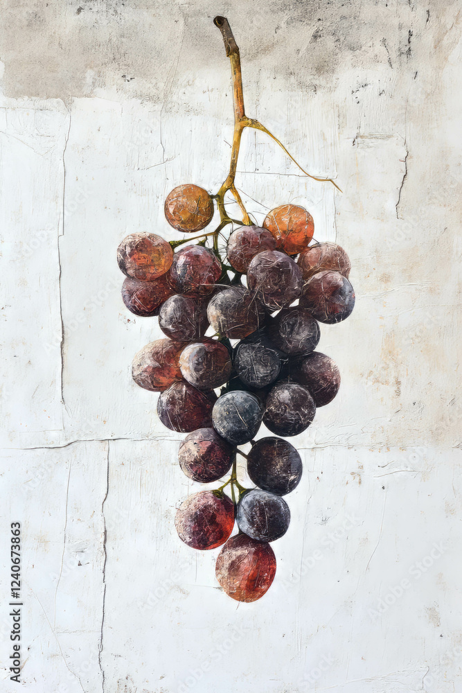 Poster minimalistic scrapbook composition featuring a cluster of grapes on a textured background