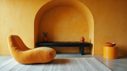 Vibrant Yellow Minimalist Living Space with Unique Furniture and Artistic Accents for a Bold and Inviting Atmosphere