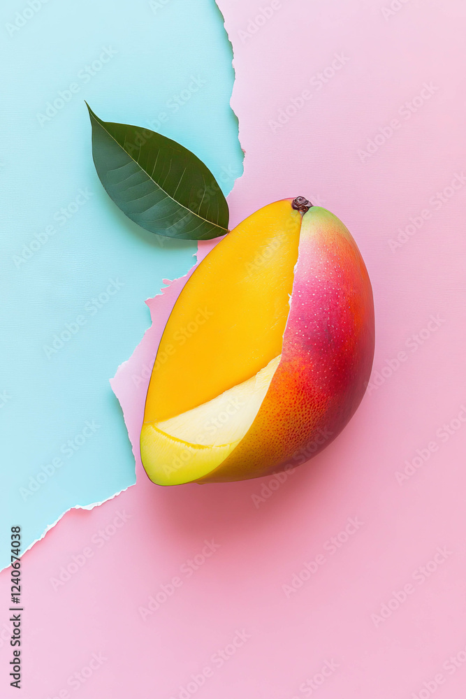 Aufkleber minimalistic scrapbook composition with a slice of mango on soft pastel backdrop