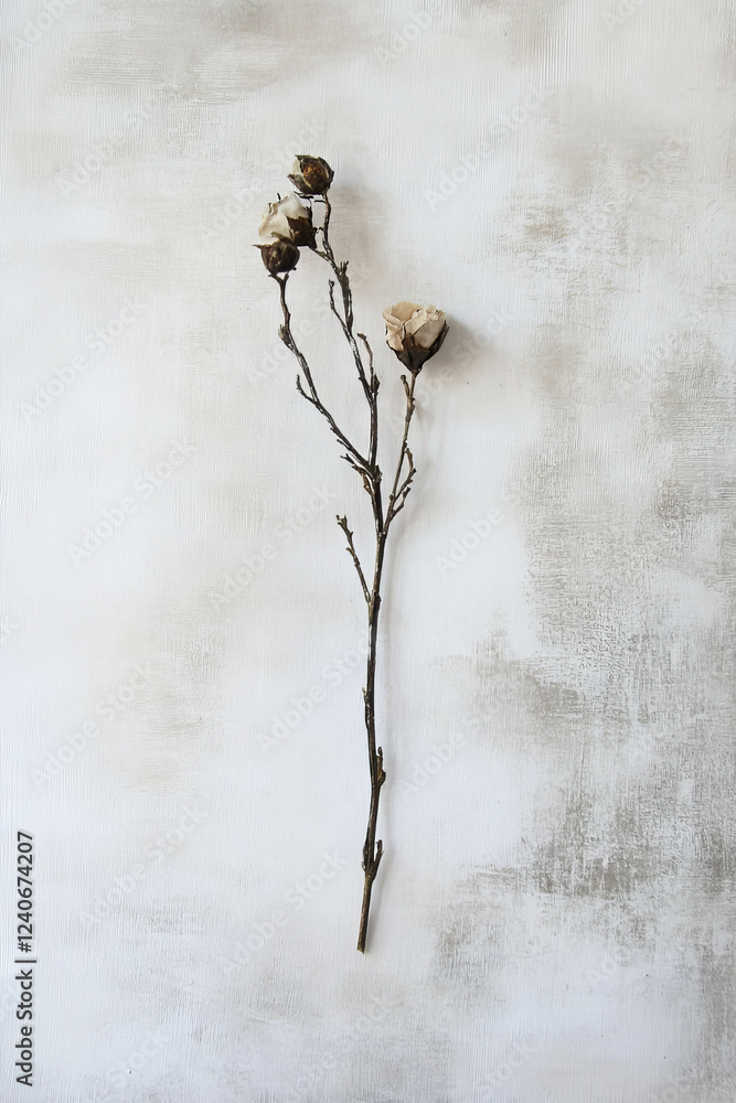 Poster minimalistic scrapbook-style composition featuring a dried seed pod on a soft textured background