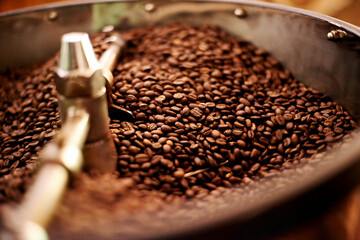 Coffee beans, factory and machine with ingredients for manufacturing, roast produce or quality...