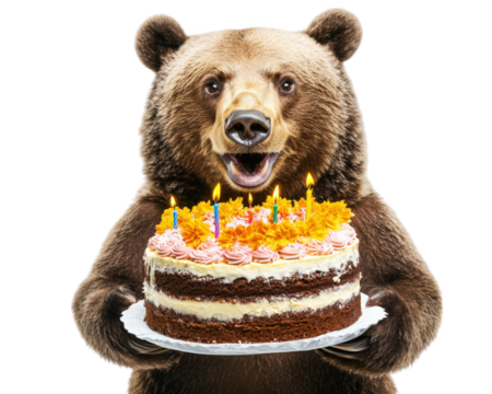 bear with joyful expression holds large birthday cake adorned with colorful candles and decorations, celebrating festive occasion