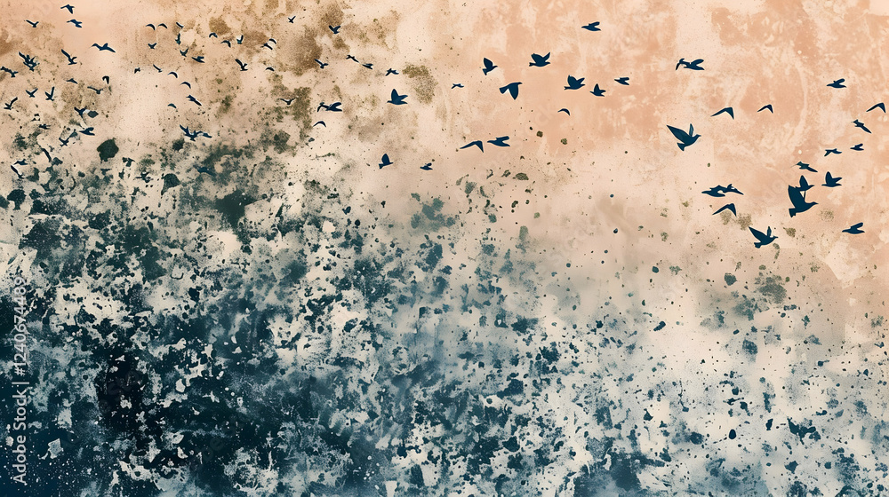 Aufkleber abstract landscape with birds flying over a textured background of soft colors and patterns