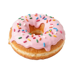 Delicious pink frosted donut with sprinkles, tempting sweet treat, perfect for dessert menus or bakery promotions. Isolated on white background or PNG