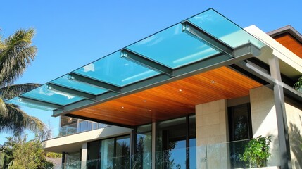 Semi-transparent glass awning providing protection from the rain.