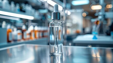 A small transparent plastic bottle with a dropper cap, placed centrally on a clean white medical table.