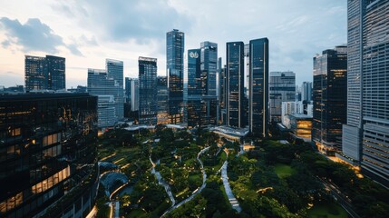 Obraz premium Illuminating transformation enchanting view of a smart city at dusk urban green spaces and digital displays modern metropolis evening serenity urban integration