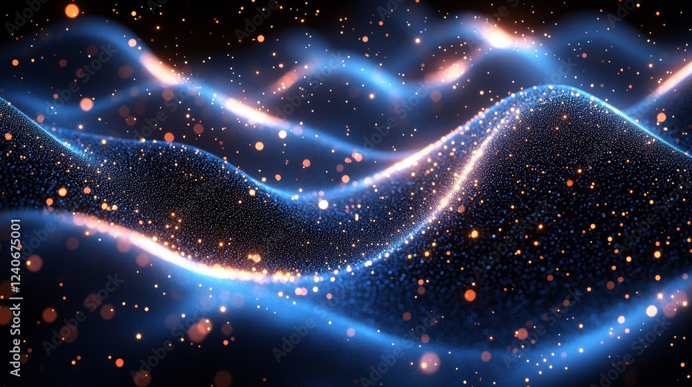 Poster blue particle curve background with a hi-tech and futuristic design, featuring glowing abstract line