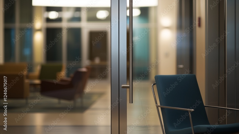 Poster blurred image of an office building with a view inside to the reception hall. a modern, luxurious wh