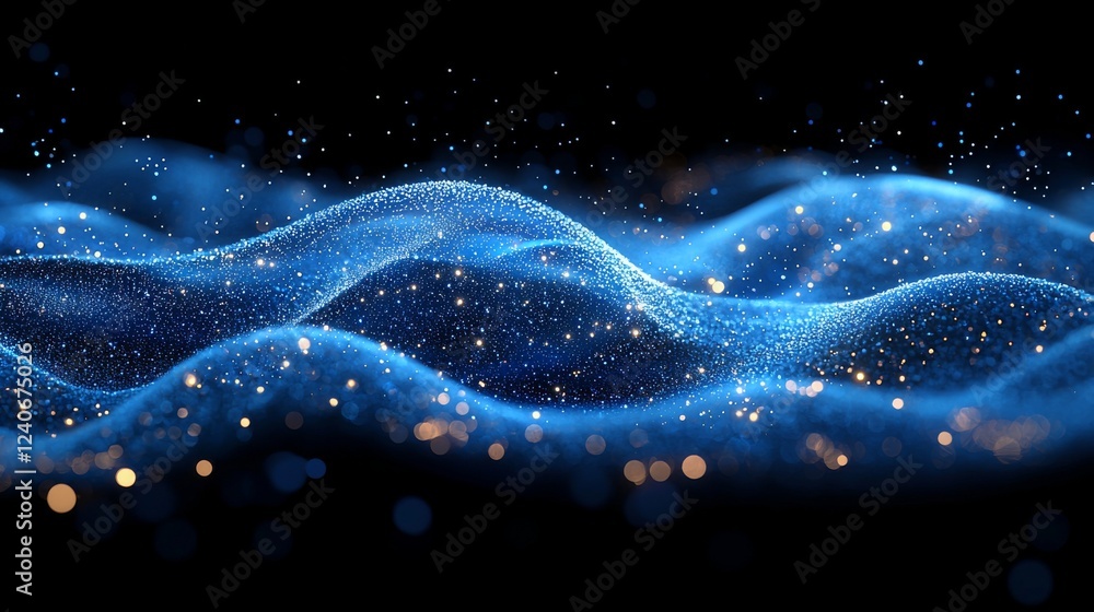 Poster blue futuristic setting featuring fluid particle movements, ideal for hi-tech and abstract visual de