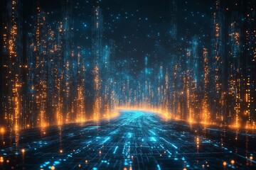 Dark Background with Blue Glowing Grid Lines and Digital Cityscape, Representing Advanced Technology in Data Science
