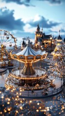 Obraz premium Whimsical carnival celebration vintage amusement park digital artwork enchanted evening aerial view colorful lights and joy