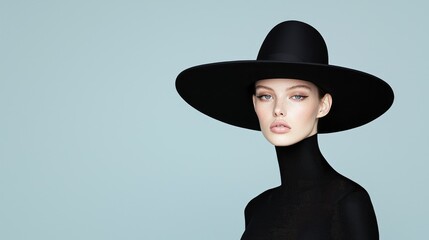 Elegant woman, black hat, studio portrait, serene background, fashion