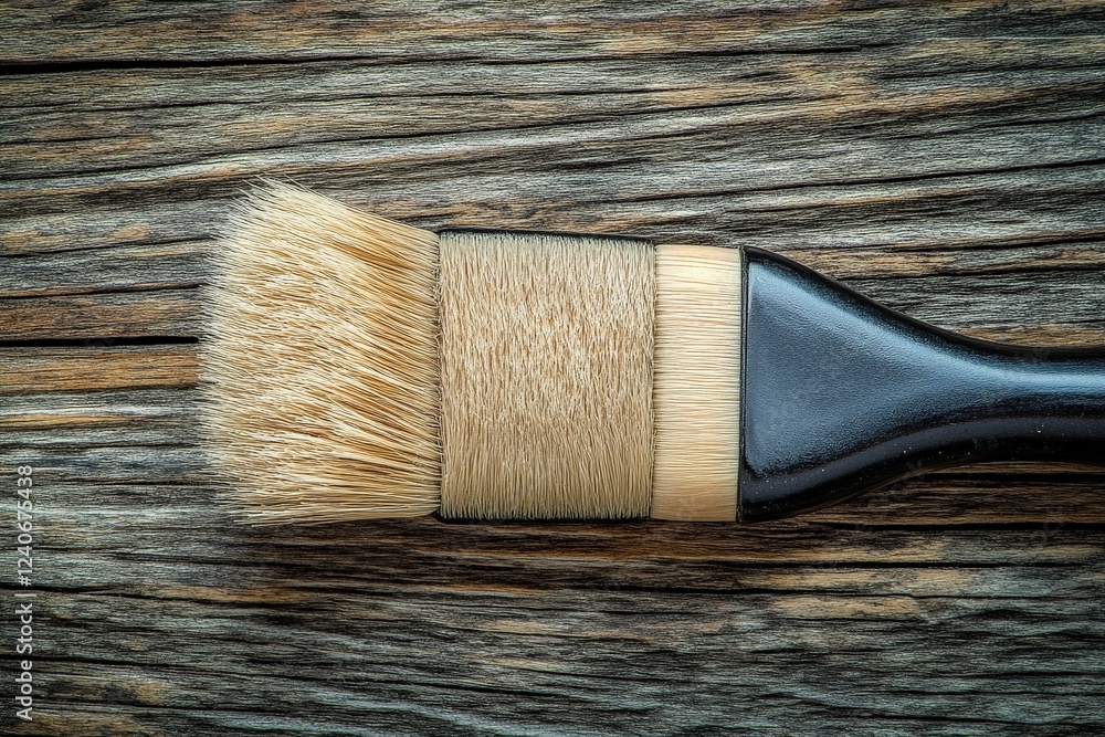 Poster artisan brush resting on rustic wood, showcasing craftsmanship and texture in a creative workspace