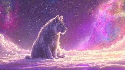 Obraz premium A magical fantasy portrait of a lion seated in an open space, surrounded by stars and nebulas, depicting the king of nature in a vibrant cosmos.