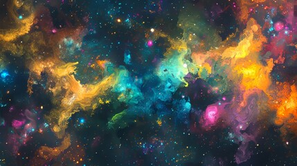 Fototapeta premium A fantastical image of a lion, the king of nature, sitting in an open space under a colorful cosmos filled with stars and nebulas.