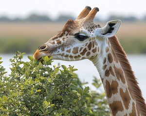 Obraz premium Giraffe eating leaves by lake, savanna background, wildlife photography, nature