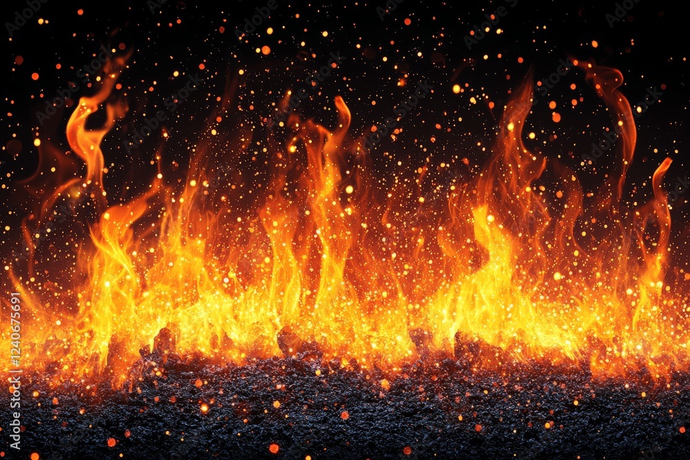 Poster flames rise dramatically from burning embers, creating a striking display of heat and light in a dar