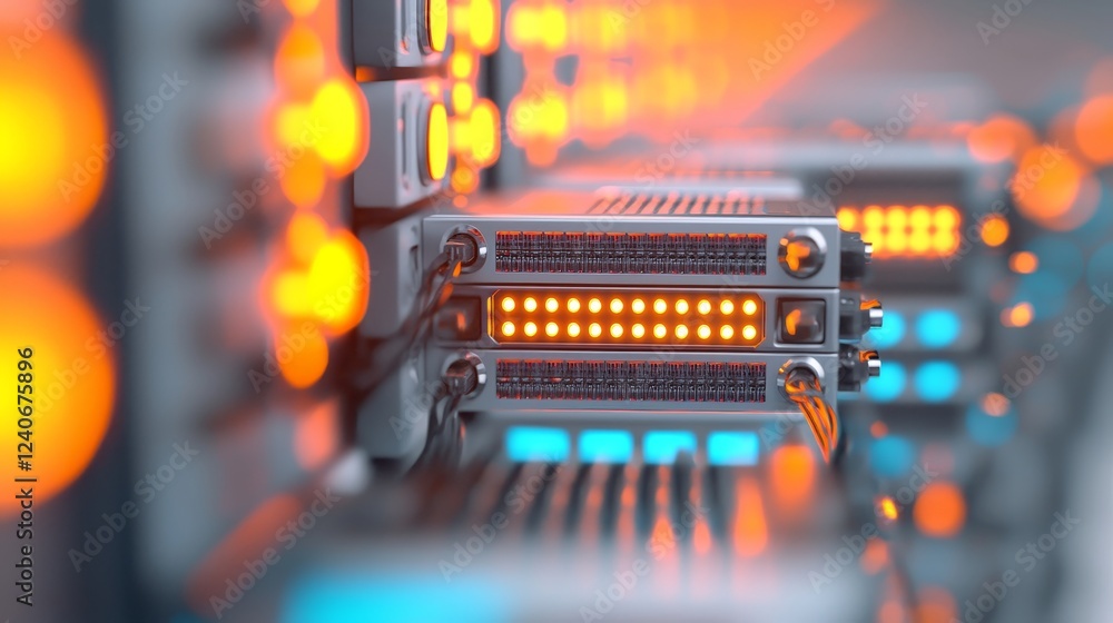 Poster in a state-of-the-art data center, glowing servers and advanced machinery demonstrate leading techno