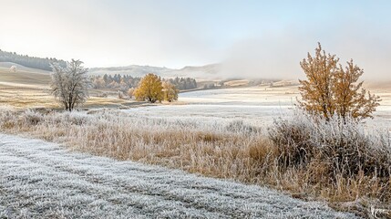 Serene Winter Landscape: Frosty Field and Distant Hills