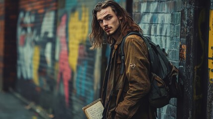 Naklejka premium A young man with long hair stands by colorful street art. He holds a notebook and looks thoughtful in an urban setting.